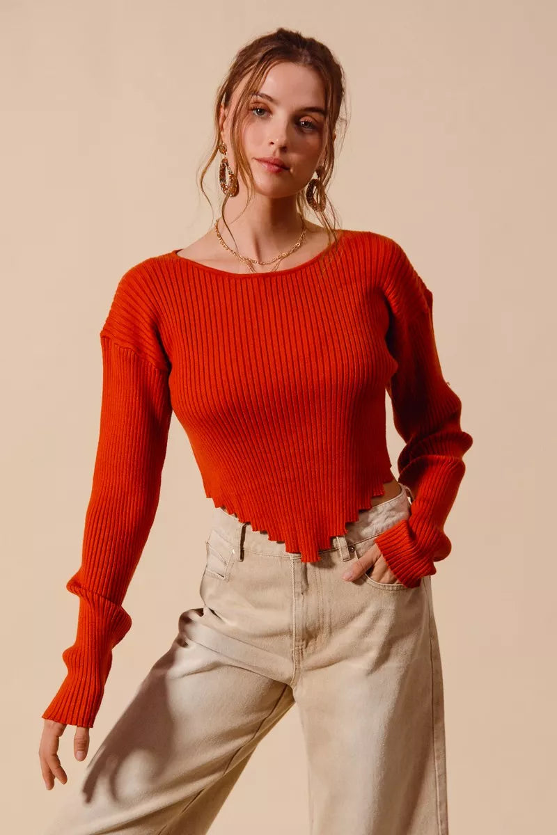 SO ME Rib Knitted Crop Sweater Top With Shaped Hem - Farnelli