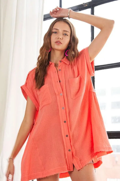 ADORA Raw Hem Collared Neck Button Down Shirt - Farnelli
