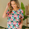 Sew In Love Full Size Geometric Round Neck Top - Green/N.Pink