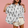 BiBi Bow Ribbon Woven Printed Button Down Shirt - OFF WHITE/BLACK