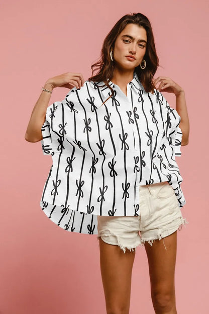BiBi Bow Ribbon Woven Printed Button Down Shirt - Farnelli