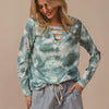 BiBi Variegated Tie Dye Rib V-Neck Top with Strapped - DUSTY SAGE MULTI