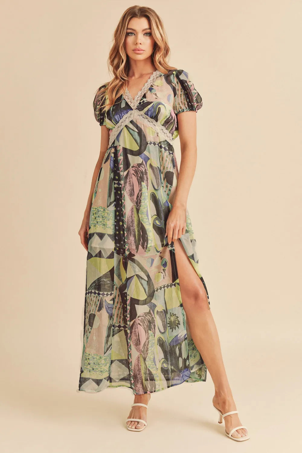 Aemi + Co Lace Detail Slit Geometric Print Short Sleeve Maxi Dress - Farnelli