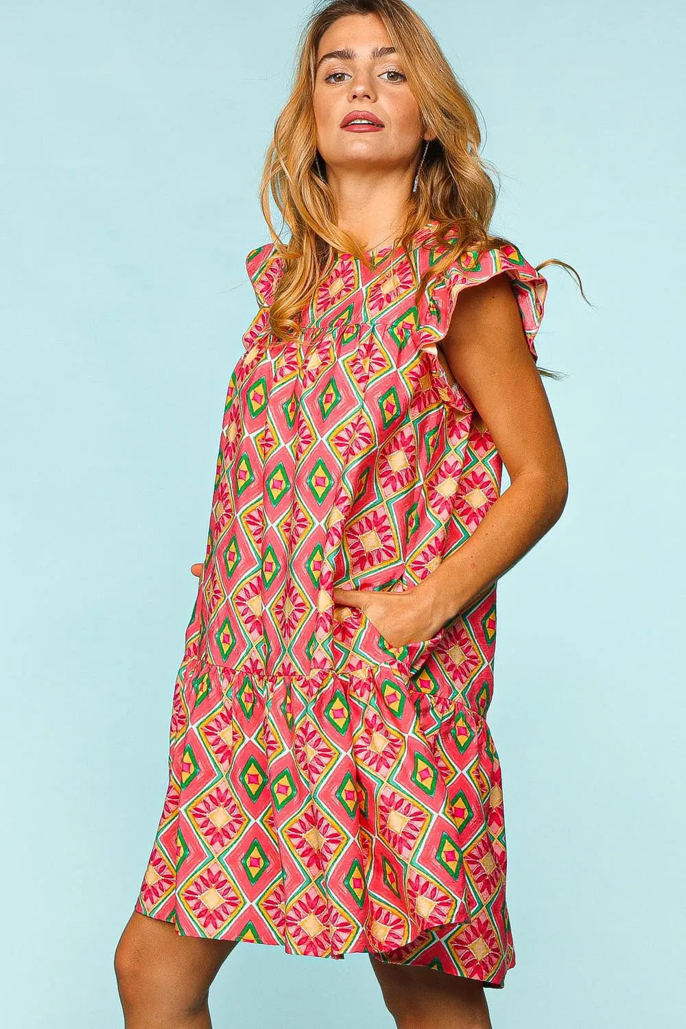 Haptics Full Size Ruffled Printed Dress with Side Pockets - Farnelli