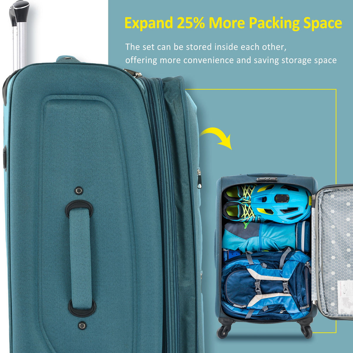 HouseOfZazla expandable softside luggage 3-piece set with spinner wheels in multiple colors