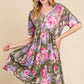 BOMBOM Flower Print V-Neck Ruched Dress - Farnelli