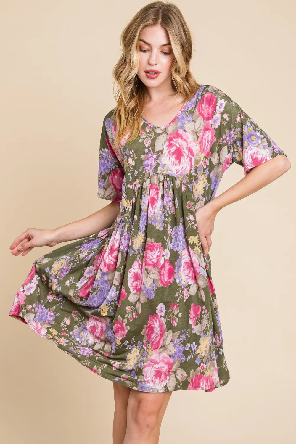 BOMBOM Flower Print V-Neck Ruched Dress - Farnelli