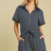 Umgee Full Size Half Zip Striped Romper Plus Size - Dark Navy