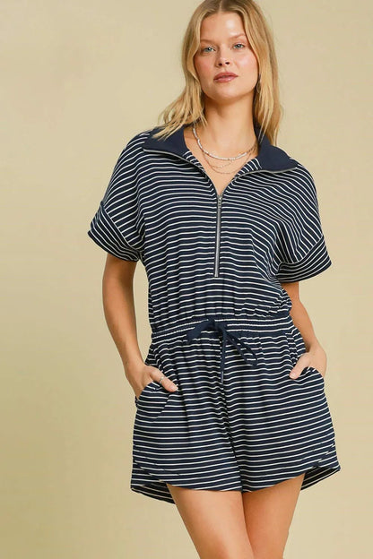 Umgee Full Size Half Zip Striped Romper Plus Size - Farnelli