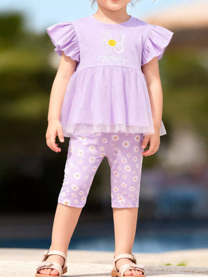 Children's Butterfly Ruffle Sleeve Top & Daisy Print Leggings Set - Farnelli