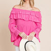 Lime 'N' Chili Ruffled Trumpet Sleeve Off-The-Shoulder Top - FUCHSIA