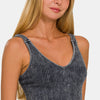 Zenana Washed Ribbed Cropped V-Neck Tank - Ash Black