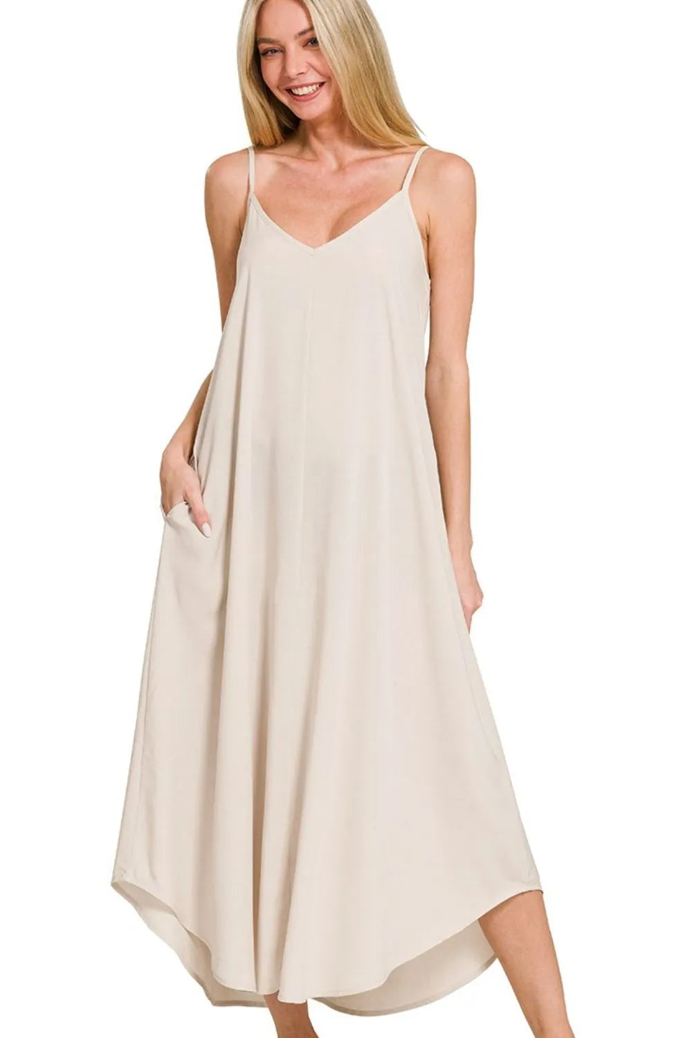 Zenana Woven Arc Hem Cami Dress With Flowy Pockets - Farnelli