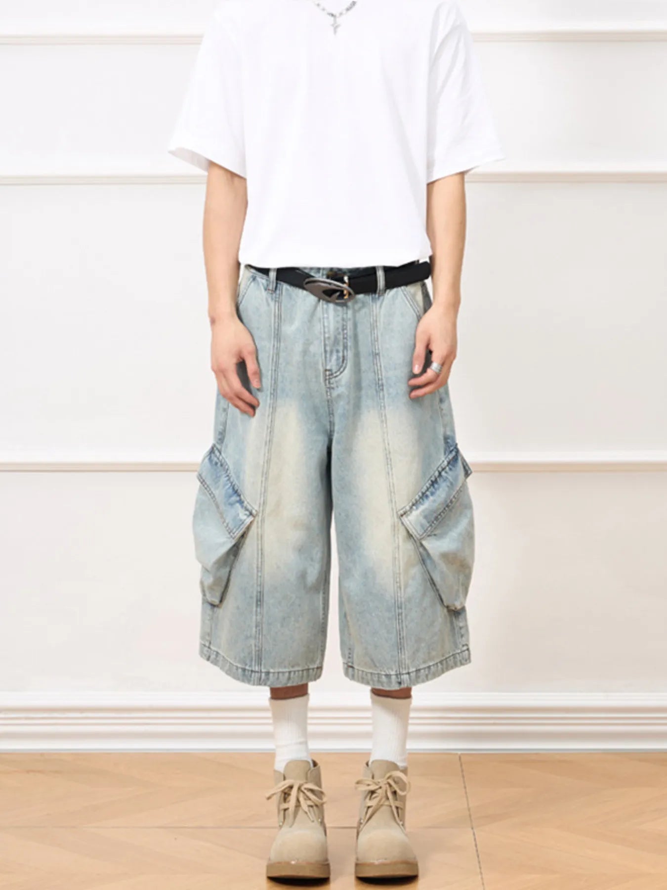 Men's Vintage Wash Wide-Leg Capris Jeans - Farnelli