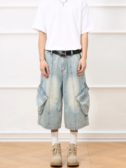 Men's Vintage Wash Wide-Leg Capris Jeans - Farnelli