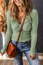 Alice Textured Twist Front V Neck Long Sleeve Top - Farnelli