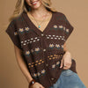 Umgee Button-Down Knit Vest with Floral Pattern - BROWN