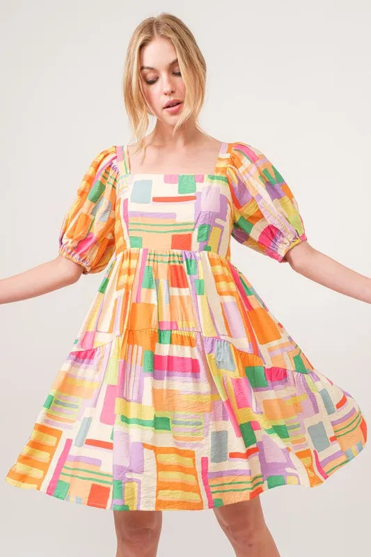 And The Why Square Neck Puff Sleeve Geo Printed Mini Dress - Farnelli