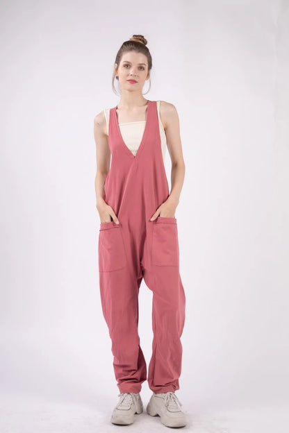 VERY J  Plunge Sleeveless Jumpsuit with Pockets - Farnelli