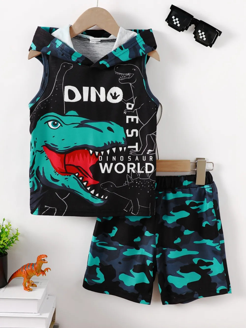 Children's Dinosaur Sleeveless Hooded Top and Pants Set - Farnelli