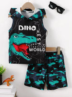 Children's Dinosaur Sleeveless Hooded Top and Pants Set - Farnelli