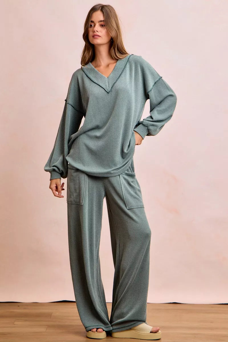 BiBi Two Tone Cord Rib Contrast Stitching V-Neck Top and Pants Set - Farnelli