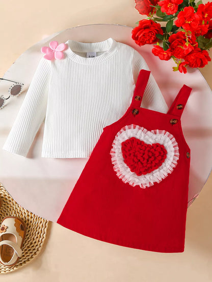 Children's Heart Decor Corduroy Overall Dress & Ribbed Top Set - Farnelli