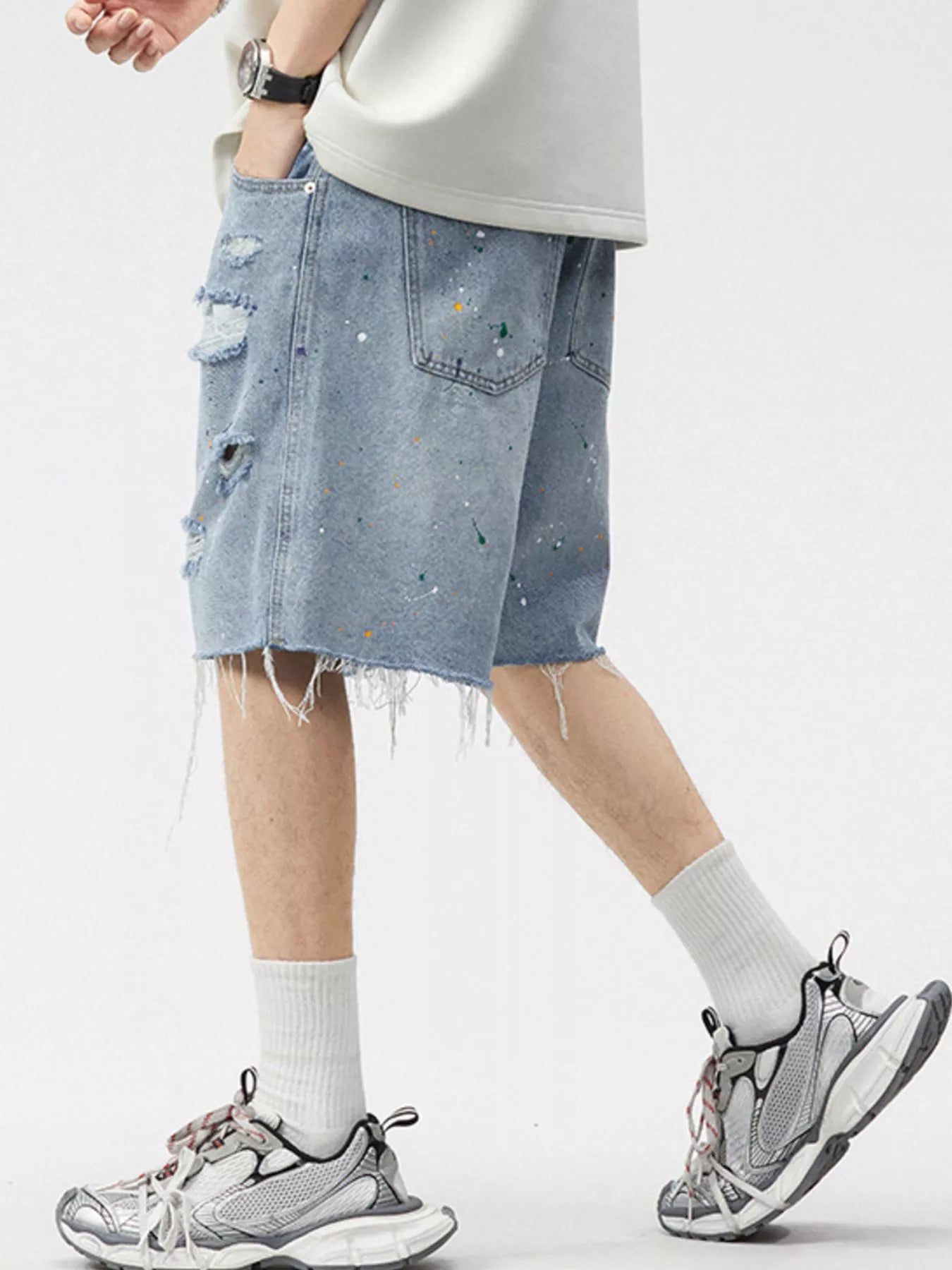 Men's Distressed Paint Splatter Denim Shorts - Farnelli