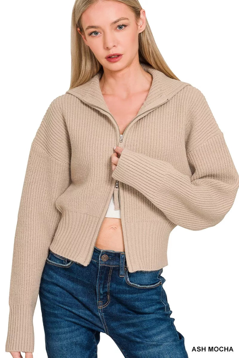 Zenana Ribbed Collared Zip Up Sweater Cardigan - Farnelli