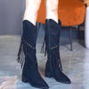 Fringed Point Toe Block Heel Boots - Black
