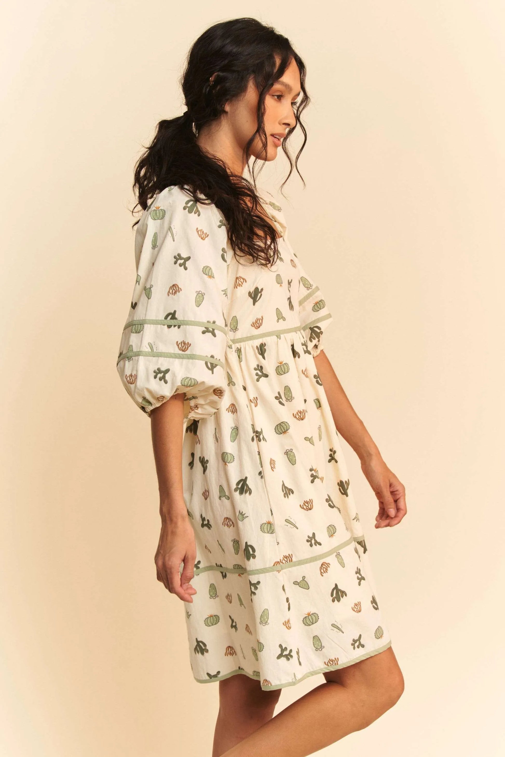 Davi & Dani Cactus Printed Poplin Contrast Piping Mini Dress - Farnelli