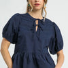 Umgee Tie Front Puff Sleeve Blouse - Dark Navy