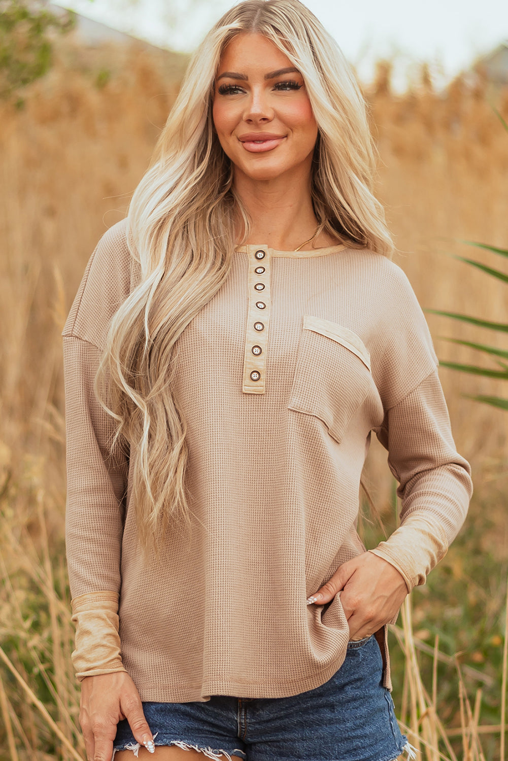 Blake Waffle Textured Tunic Henley Top with Slits - Farnelli