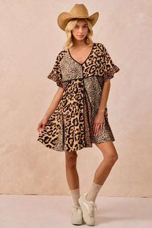 BiBi Leopard Prints Mix and Match Short Sleeves Dress - Farnelli