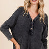 Mittoshop Washed V-Neck Long Sleeve Blouse - Charcoal