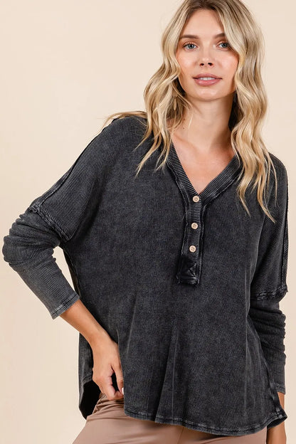 Mittoshop Washed V-Neck Long Sleeve Blouse - Farnelli