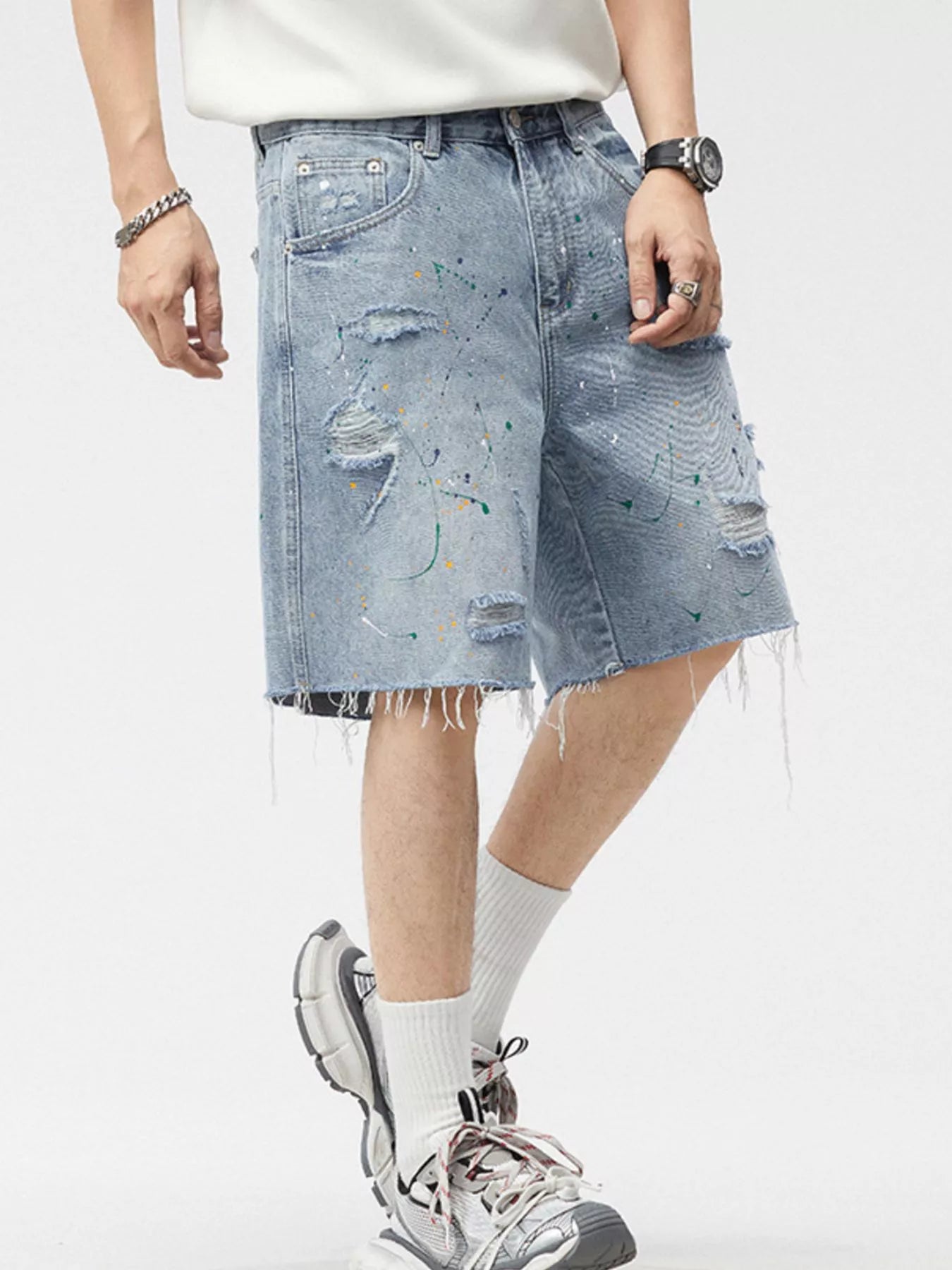 Men's Distressed Paint Splatter Denim Shorts - Farnelli