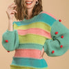 Umgee Full Size Color Block Cable Knit Sweater with Pom Pom Plus Size - EMERALDMIX