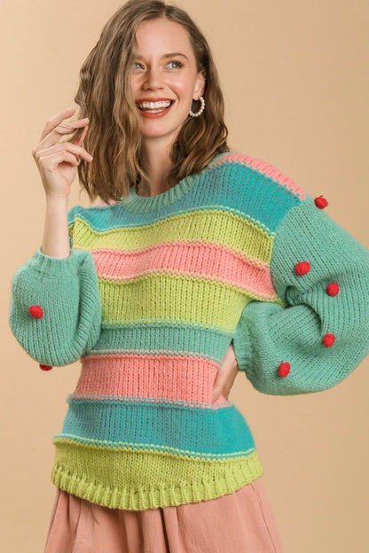 Umgee Full Size Color Block Cable Knit Sweater with Pom Pom Plus Size - Farnelli