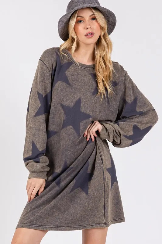 SAGE + FIG Washed Star Print Round Neck Dress - Farnelli