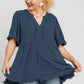 Umgee Full Size Raw Hem Notched Babydoll Linen Blouse Plus Size - Farnelli