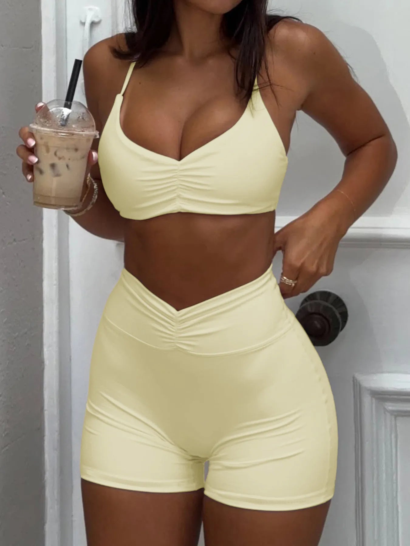 Ruched Sports Bra and High-Waisted Shorts Active Set - Farnelli