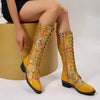 Lace Up Block Heels Boots - Yellow