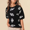 BiBi Football Pattern Short Sleeve Sweater - BLACK/IVORY