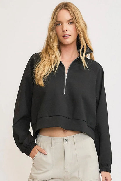 Umgee Full Size Half Zip Cropped Sweatshirt Plus Size - Farnelli