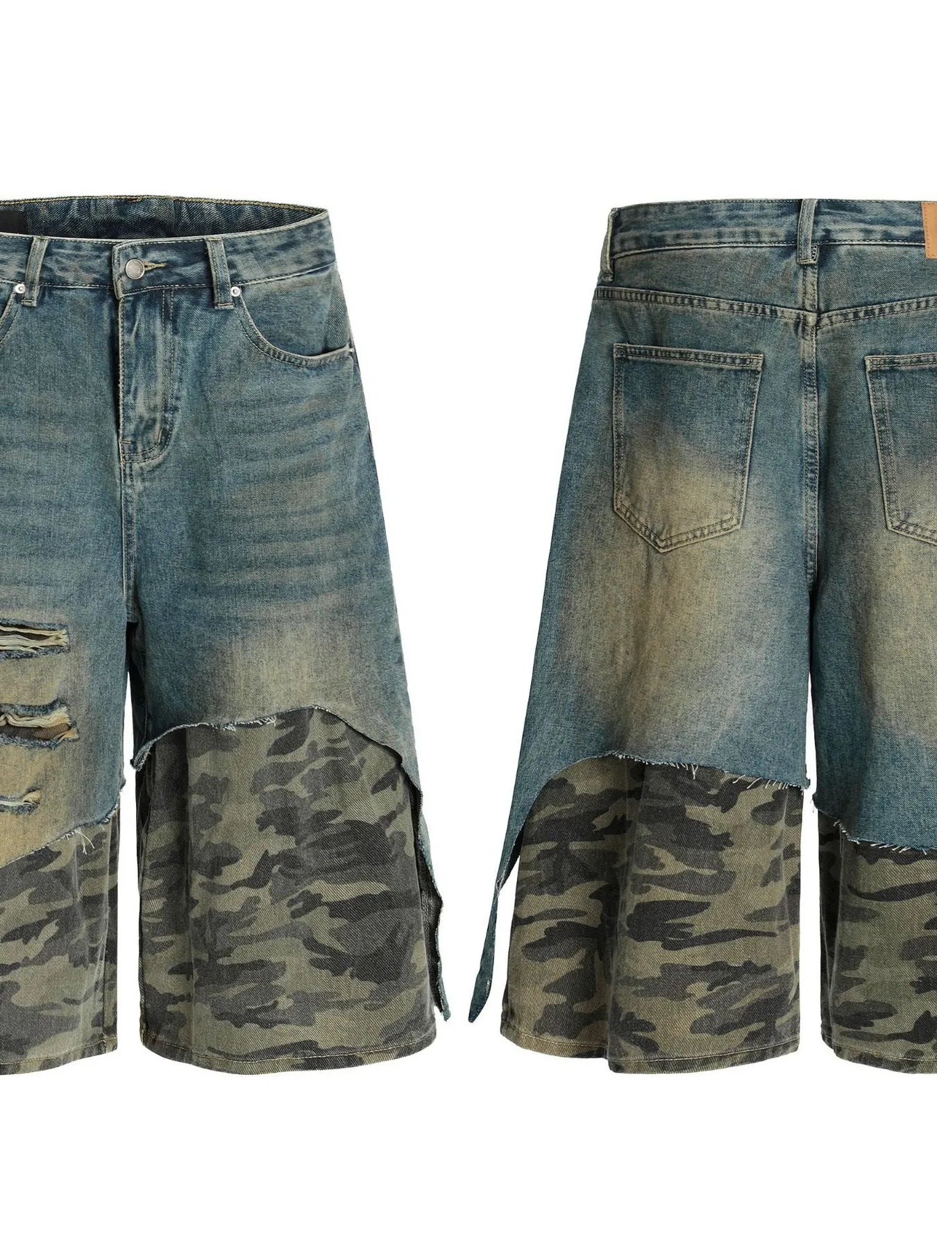 Men's Distressed Camo Patchwork Denim Shorts - Farnelli