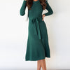 Round Neck Long Sleeve Tie Waist Sweater Dress - Deep Teal