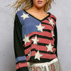 Double Gauze American Flag Patch V-Neck Long Sleeve T-Shirt - BLACK MULTI