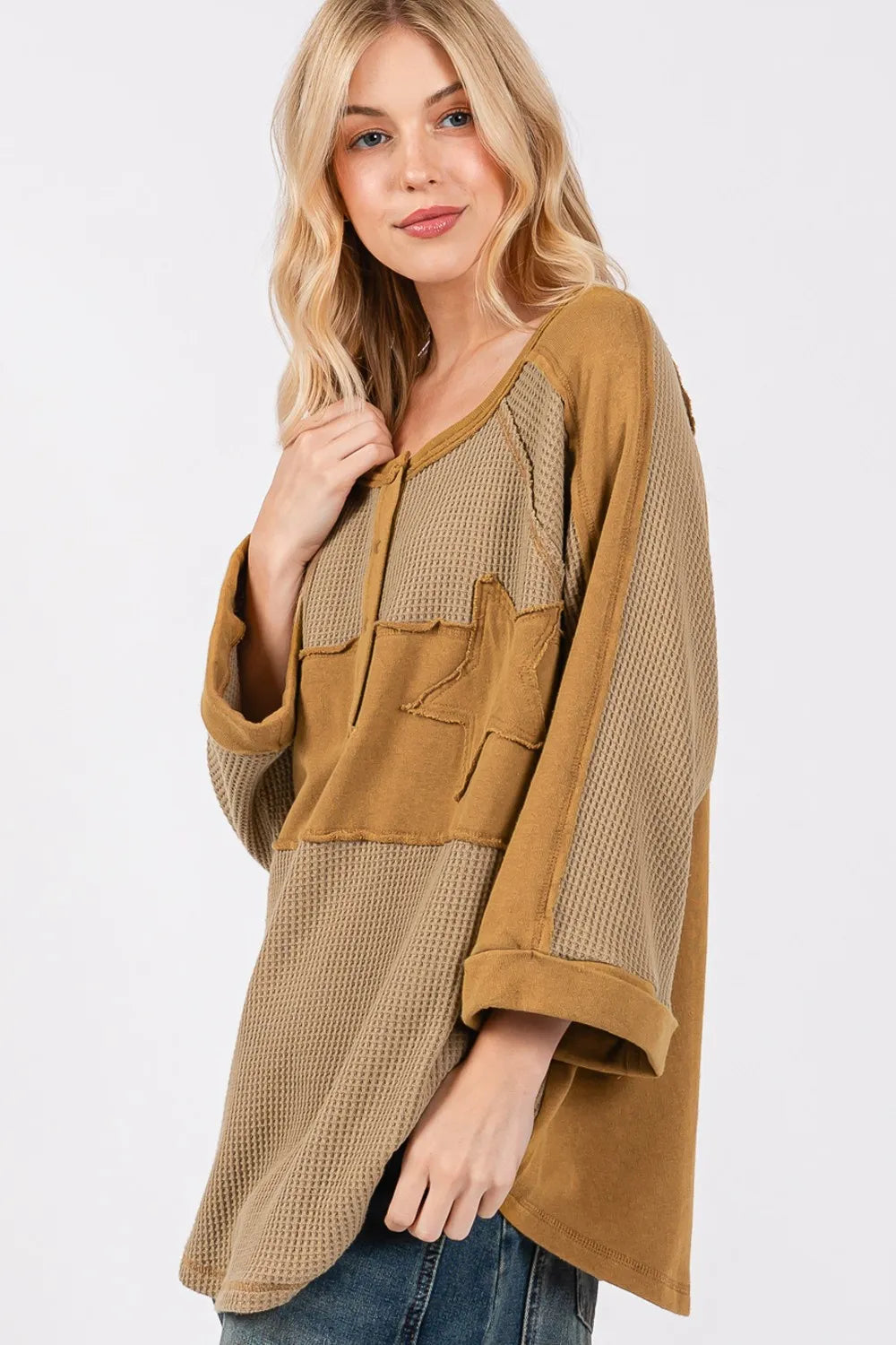 SAGE + FIG Star Applique Patch Exposed Seam Waffle Knit Top - Farnelli