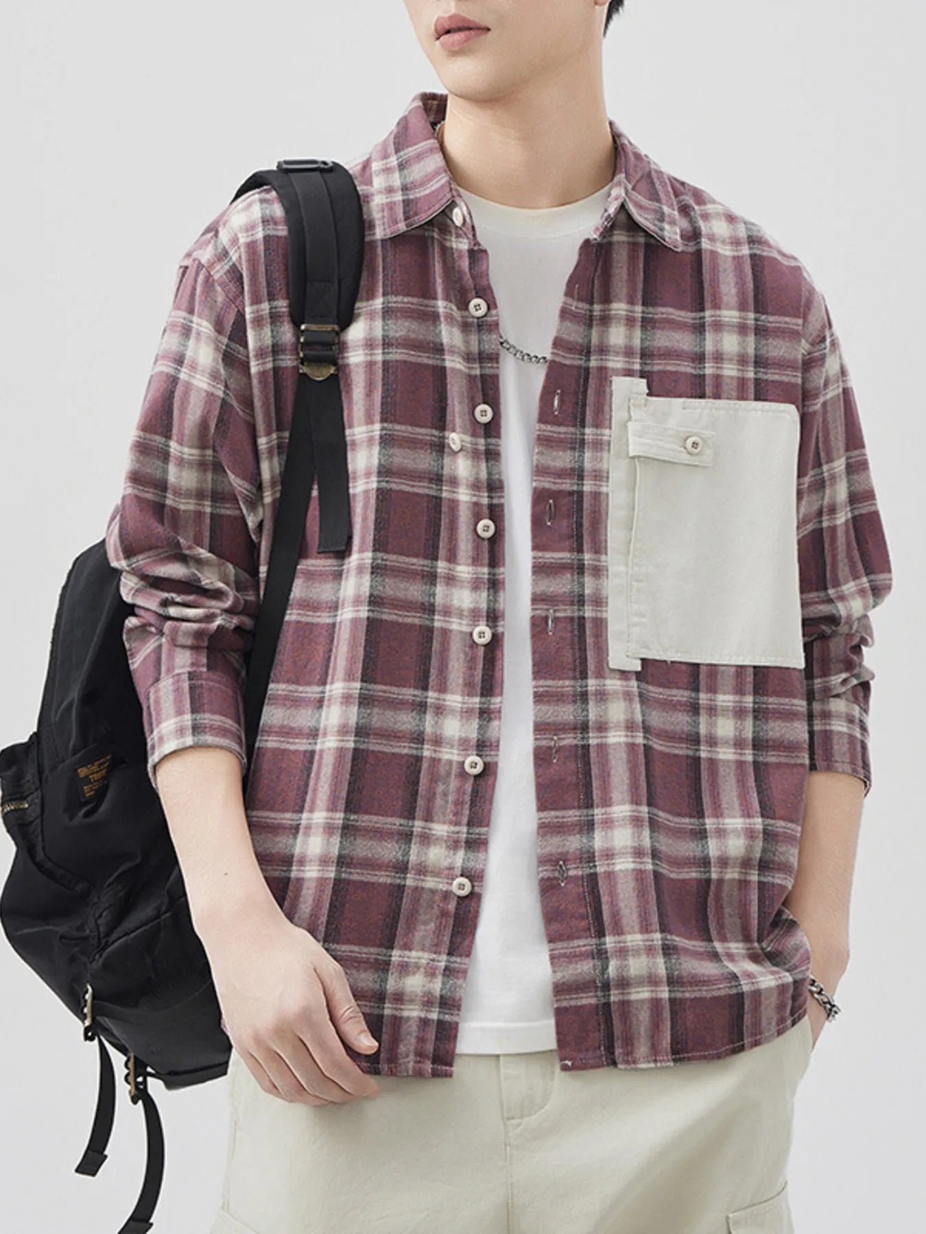 Men's Plus Size Plaid Button Down Shirt with Contrast Pocket - Farnelli